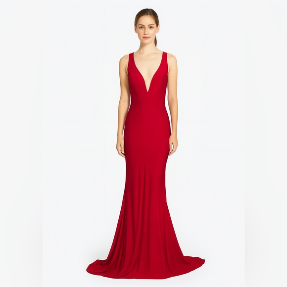 Ieena for Mac Duggal Gown Women’s Size 6 Red Plunge Neck Evening Dress Sleeveles - Picture 1 of 15